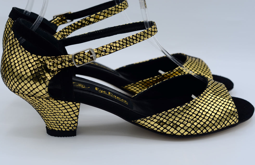 Gold and black tango shoes. Dance shoes has 1.5 inches heel.Ballroom shoes has leather sole.