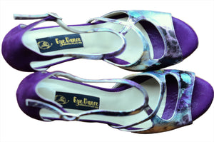 Milano tango dancing shoes has purple pansy flowers and suede sole for feeling dance floor.