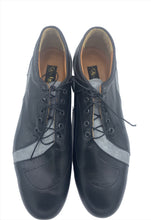 Black and gray tango shoes. Gray part is fabric. Black leather dance shoes. Suede sole ballroom shoes.