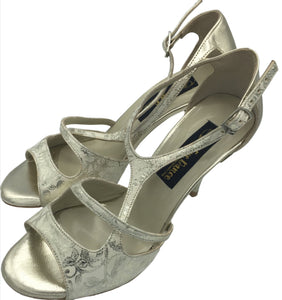 gold and white tango shoes. Shiny dance shoes. 3 inches heel ballroom dance shoes.