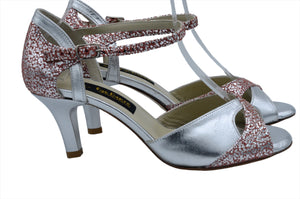 silver tango shoes, leather sole pink dance shoes.ballroom shoes has 6 cm(2 inches) short heel.