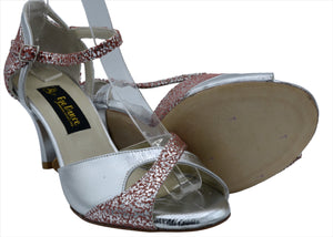 silver tango shoes, leather sole pink dance shoes.ballroom shoes has 6 cm(2 inches) short heel.