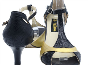 Black and gold tango shoes.Dance shoes has leather sole.Argentine tango shoes has 2 inches short heel.